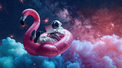 a relaxed astronaut lies on a flamingo floatie, working on a laptop against a space backdrop, sugges