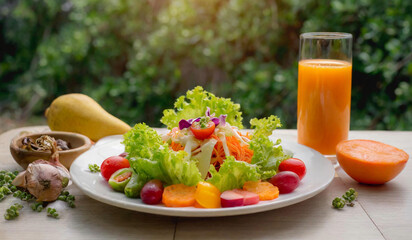 Vegetable salad and orange juice