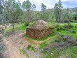 Aerial drone view of old watermill named Azofil or Turnio Mill in the hiking route of the water mills along the Odiel river from Sotiel Coronada, in Huelva province, Andalusia, Spain