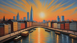 Fototapeta Londyn - Stylized cityscape painting with river, bridges, and a vibrant sunset sky.