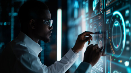 Poster -  data scientist analyzing data on a virtual display screen, modern digital data visualization, data scientist working with futuristic technology, business data analysis 