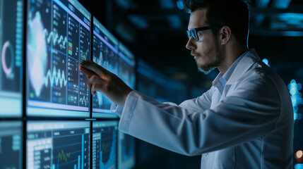 Poster -  data scientist analyzing data on a virtual display screen, modern digital data visualization, data scientist working with futuristic technology, business data analysis 