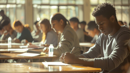 Poster - Students are concentrated on writing in a sunlit classroom.