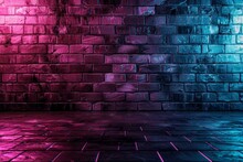 Black Brick Wall Background With Neon Lighting Effect From Pink And Purple To Blue. Glowing Lights In The Dark On Empty Brick Wall Background