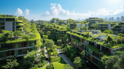 Wall Mural - An urban design featuring buildings with rooftop gardens, showcasing a green cityscape. The skyline blends with the natural landscape, as clouds drift across the sky above AIG41