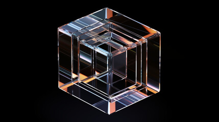 Poster - Transparent 3D Cube with Reflections and Refractions on a Black Background