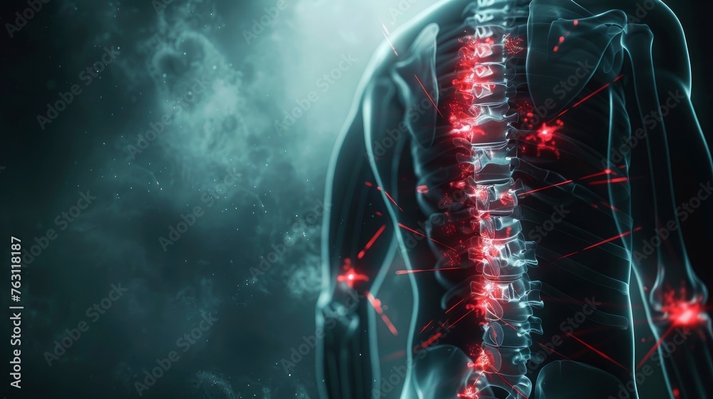 X-ray of a human's back, with red markings of pain hotspots, 3D render ...