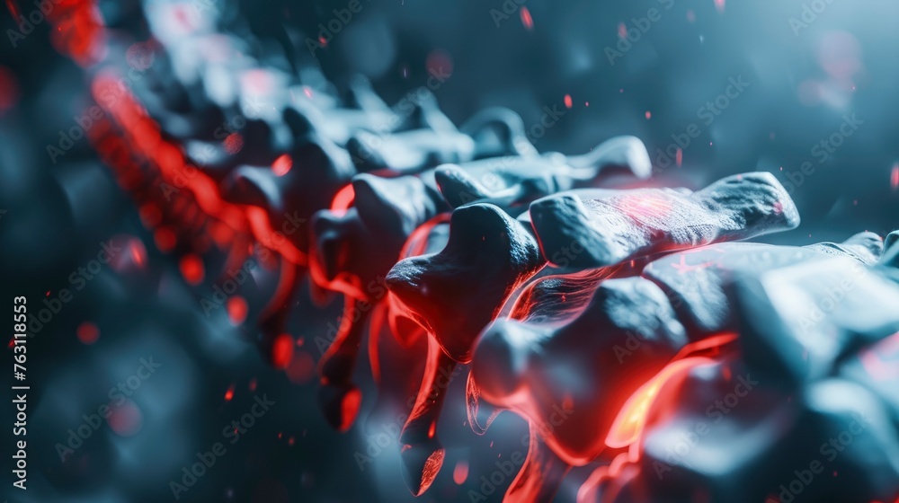 X-ray of a human's spine, with red markings of pain hotspots, 3D render ...