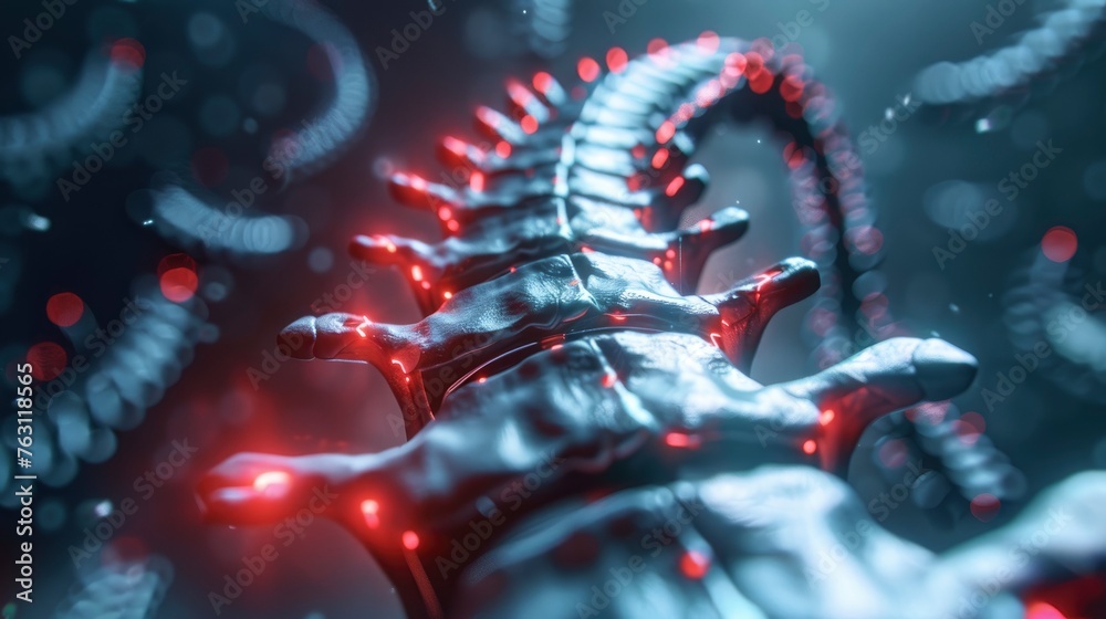 X-ray of a human's spine, with red markings of pain hotspots, 3D render ...