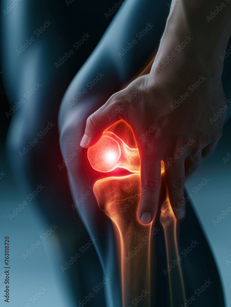 X-ray of a man's knee, with red markings of pain hotspots, 3D render ...