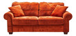 Elegant leather couch with plush cushions on transparent background - stock png.