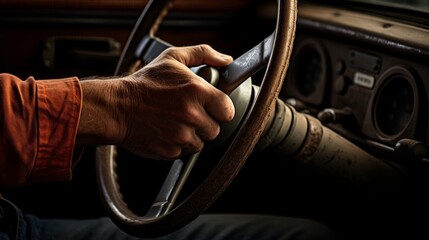 Gripping the steering wheel of a vintage truck cabin view