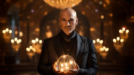 Poster - Levitating silver sphere enigmatic magician candlelit mystery