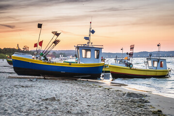 Wall Mural - Fishing boats on Baltic Sea beach in Karlikowo District in Sopot city, Poland