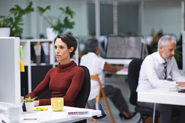 Poster - Woman, office and computer for online research at work in internet for website creation as graphic designer. Female person, people and pc for business or publishing in media for deadline and creative