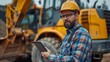 A construction worker is seen carrying a tablet in front of the machinery. Generative Ai