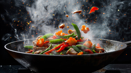 Steam rises as colorful vegetables leap from a hot pan, capturing a moment of lively cooking.