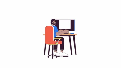 Poster - African american man working on pc line 2D character animation. Software development flat color cartoon 4K video, alpha channel. Office employee at workplace animated person on white background