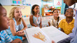 © Monkey Business - Female Primary Or Elementary School Teacher Reads Story To Multi-Cultural Class Seated In Classroom