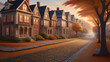 Tranquil autumn street scene with row of Victorian houses and a golden tree, bathed in warm sunrise light.