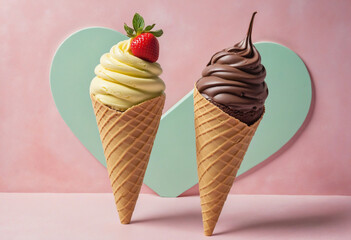 Ice Cream Cones on Duo Toned Background, Vanilla Ice Cream, Chocolate Ice Cream, Strawberry Ice Cream
