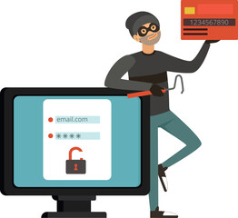 Poster - hacker character. cyber criminal steal money from credit card