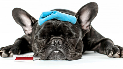 Poster - A French Bulldog lies on the floor with a syringe in front, wearing a blue ice pack on its head.