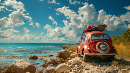 Wall Mural - A vibrant red car is parked on top of a rocky beach, with the sun shining overhead on a summer road trip adventure