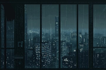 Wall Mural - Dark synth 32 bit style misty skyline of a dense city at night with skyscrapers.