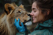Woman with lion, close bonding moment. Indoor close-up shot reflecting wildlife conservation and human-wildlife connection concept for educational material, poster