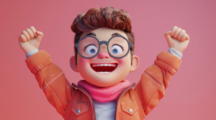 High-energy 3D cartoon of a young boy character celebrating with fists pumped in the air on pink background.