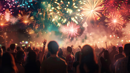 Poster - A crowd of spectators at a festival with fireworks lighting up the night sky.