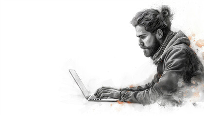 Line art sketch of freelancer man programmer sitting at desk with laptop computer at home office, looking. IT technology, cyberspace