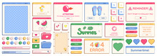 Set Of Y2K Summer Theme Retro Computer Windows, Buttons, Messages And Other Holiday And Vacation Interface Elements With Cheering Phrases. Vector Illustration.