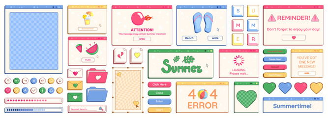 Poster - Set of Y2K summer theme retro computer windows, buttons, messages and other holiday and vacation interface elements with cheering phrases. Vector illustration.