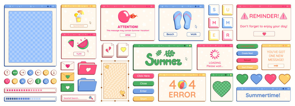Set of Y2K summer theme retro computer windows, buttons, messages and other holiday and vacation interface elements with cheering phrases. Vector illustration.