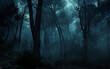 Eerie forest night: found footage-style exploration of playful yet macabre ambiance amidst dark, fog-laden trees