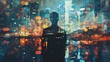 Back view of businessman silhouette on abstract city background. Double exposure