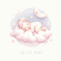 Wall Mural - Cute baby shower watercolor invitation card with sleeping newborn on cloud.