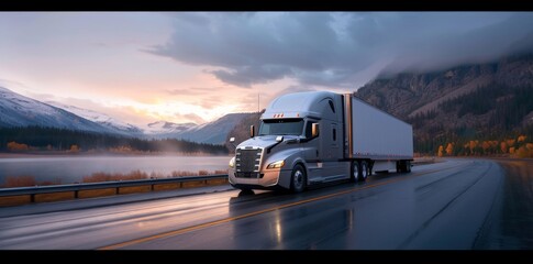 Semi truck driving on road at sunset with mountain and lake in background, scenic landscape view