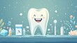 A cheerful, stylized illustration of a smiling tooth character surrounded by dental hygiene products, including toothpaste, toothbrush, floss, and mouthwas