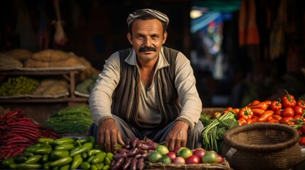 Wall Mural - Street vendor portrait vibrant market backdrop with fruits and fabrics