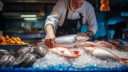 Wall Mural - Seafood market scene fishmonger with fresh fish and shellfish emphasizes quality