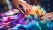 Fur artisan dyeing pelts in colors showing fur's artistic fashion possibilities