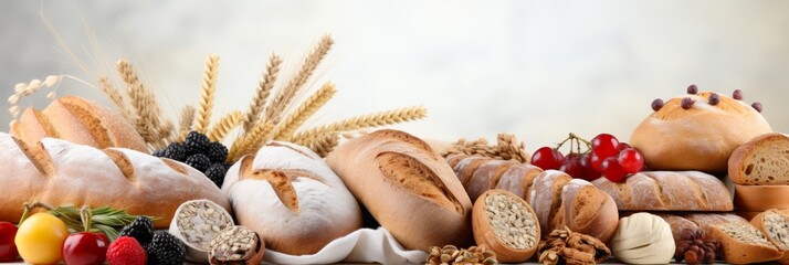 Wall Mural - Fresh delicious bread banner on blurred white background with copy space for kitchen text