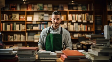 Sticker - Cashier advises customer in bookstore literary classics and shelves around