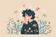 Cartoon of person with flowers sneezing into a tissue allergy and hay fever