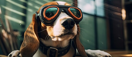 Sticker - A close up of a fawncolored dog wearing protective eyewear goggles, showcasing vision care for this working animal breed, a loyal companion dog