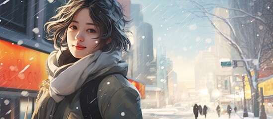 Canvas Print - A woman wearing a jacket and a scarf stands on a snowy city street, surrounded by tall tower blocks and glass buildings, with snowcovered trees around her