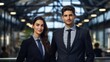 © Frank - Portrait of a professional man and a woman in a suit standing in a modern office. Young business man and woman looking at the camera in a workplace meeting area.